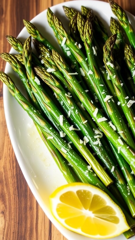 Oven-roasted asparagus garnished with garlic and Parmesan cheese on a rustic wooden table.
